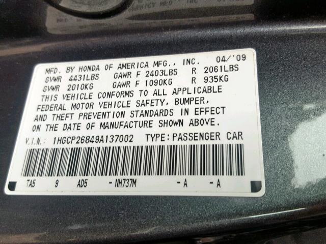 1HGCP26849A137002 - 2009 HONDA ACCORD EXL GRAY photo 10