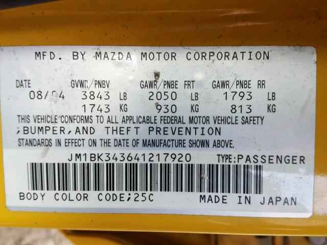 JM1BK343641217920 - 2004 MAZDA 3 HATCHBAC YELLOW photo 10