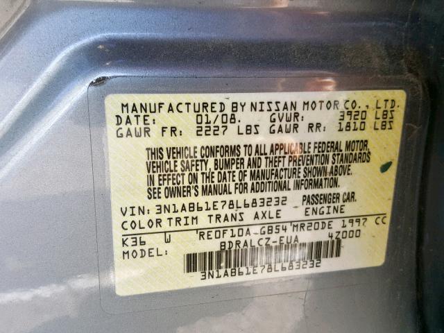 3N1AB61E78L683232 - 2008 NISSAN SENTRA 2.0 GRAY photo 10