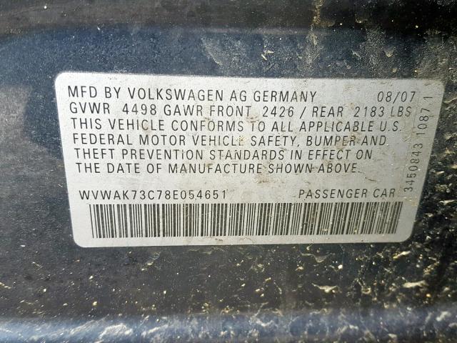 WVWAK73C78E054651 - 2008 VOLKSWAGEN PASSAT KOM BLUE photo 10