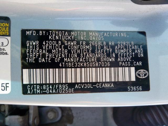 4T1BE32K85U587036 - 2005 TOYOTA CAMRY LE  photo 10