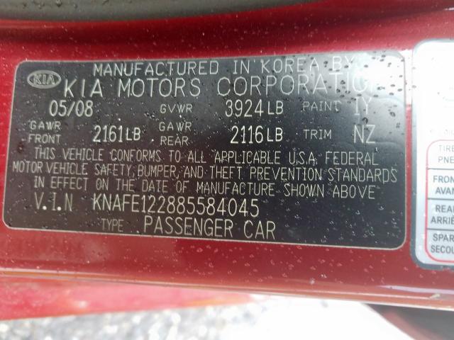 KNAFE122885584045 - 2008 KIA SPECTRA EX  photo 10