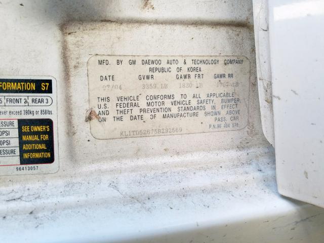 KL1TD52675B292569 - 2005 CHEVROLET AVEO BASE  фото 10