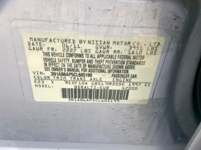 3N1AB6AP5CL605199 - 2012 NISSAN SENTRA 2.0 SILVER photo 10