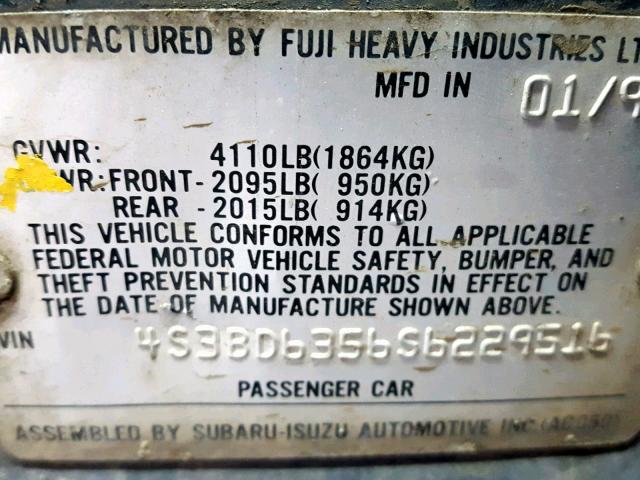 4S3BD6356S6229516 - 1995 SUBARU LEGACY L GREEN photo 10