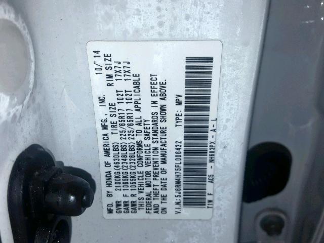 5J6RM4H75FL006432 - 2015 HONDA CR-V EXL WHITE photo 10