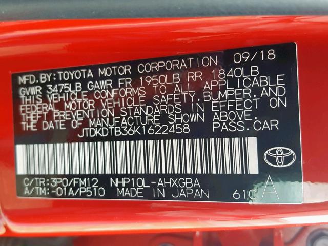 JTDKDTB36K1622458 - 2019 TOYOTA PRIUS C RED photo 10