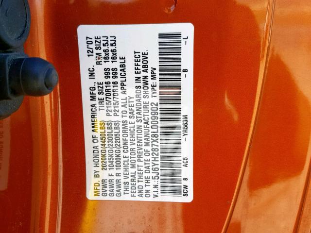 5J6YH287X8L009902 - 2008 HONDA ELEMENT EX ORANGE photo 10