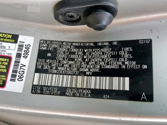 5TDBK23CX7S002737 - 2007 TOYOTA SIENNA LE GRAY photo 10