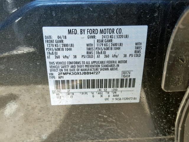 2FMPK3G93JBB94727 - 2018 FORD EDGE SE CHARCOAL photo 10