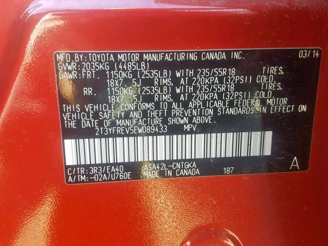 2T3YFREV5EW089433 - 2014 TOYOTA RAV4 LIMIT RED photo 10