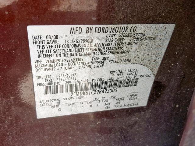 2FMDK51C29BA23305 - 2009 FORD FLEX SE MAROON photo 10