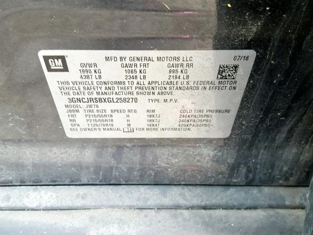 3GNCJRSBXGL258270 - 2016 CHEVROLET TRAX LTZ CHARCOAL photo 10