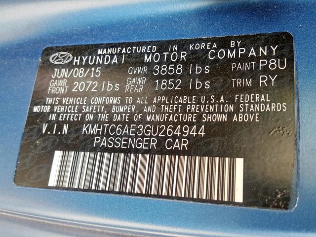 KMHTC6AE3GU264944 - 2016 HYUNDAI VELOSTER T BLUE photo 10