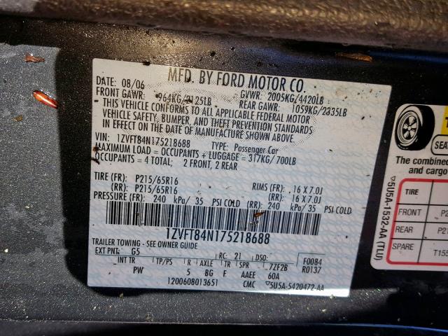 1ZVFT84N175218688 - 2007 FORD MUSTANG GRAY photo 10