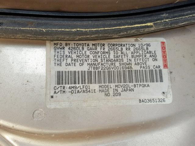 JT8BF22G6V0016948 - 1997 LEXUS ES 300 SILVER photo 10