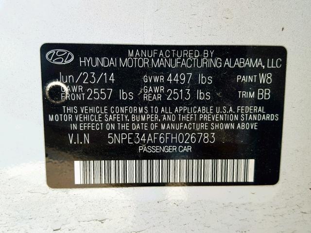 5NPE34AF6FH026783 - 2015 HYUNDAI SONATA SPO WHITE photo 10