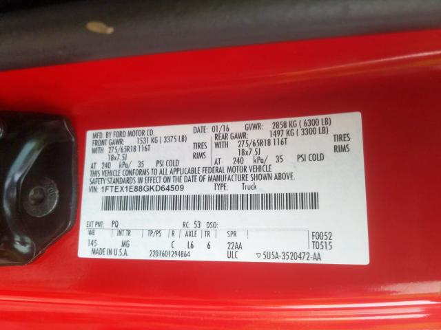 1FTEX1E88GKD64509 - 2016 FORD F150 SUPER CAB  photo 10