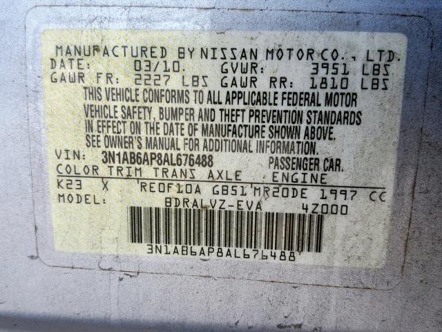 3N1AB6AP8AL676488 - 2010 NISSAN SENTRA 2.0 SILVER photo 10