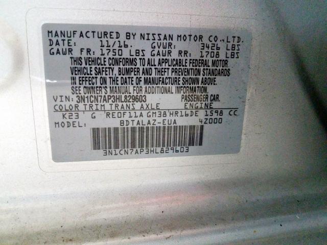 3N1CN7AP3HL829603 - 2017 NISSAN VERSA S  photo 10