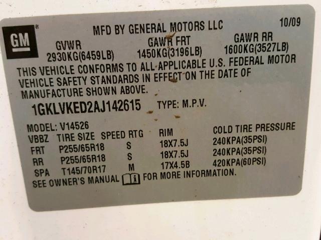 1GKLVKED2AJ142615 - 2010 GMC ACADIA SL WHITE photo 10