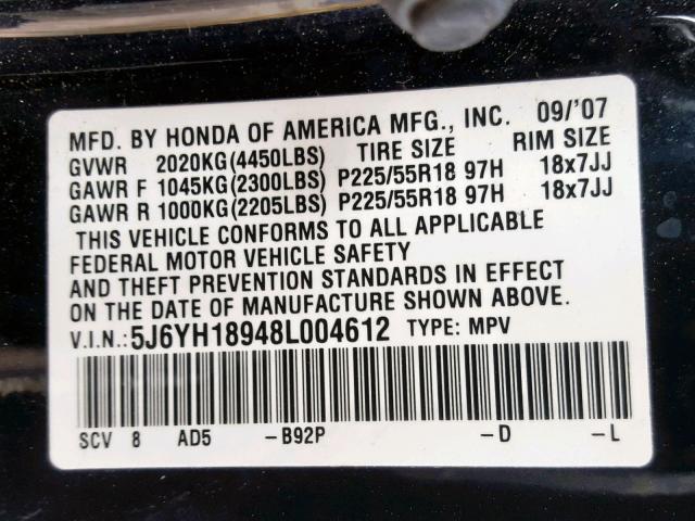 5J6YH18948L004612 - 2008 HONDA ELEMENT SC BLACK photo 10