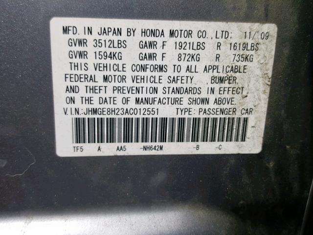 JHMGE8H23AC012551 - 2010 HONDA FIT SILVER photo 10