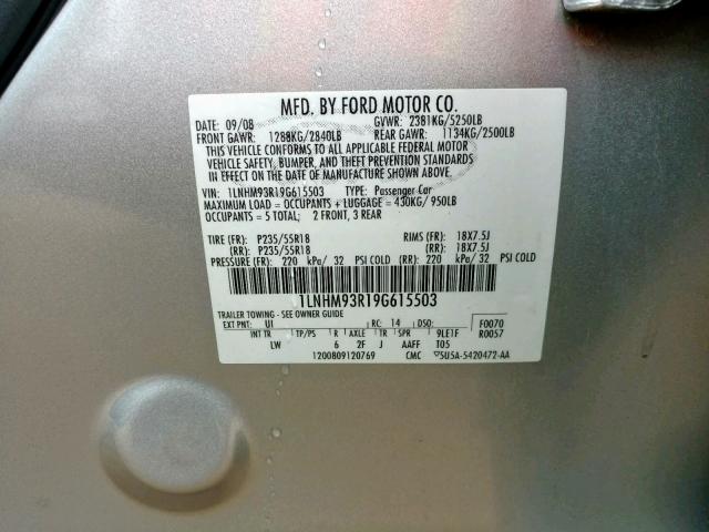 1LNHM93R19G615503 - 2009 LINCOLN MKS SILVER photo 10