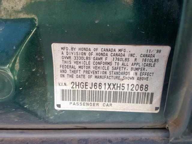 2HGEJ661XXH512068 - 1999 HONDA CIVIC BASE GREEN photo 10