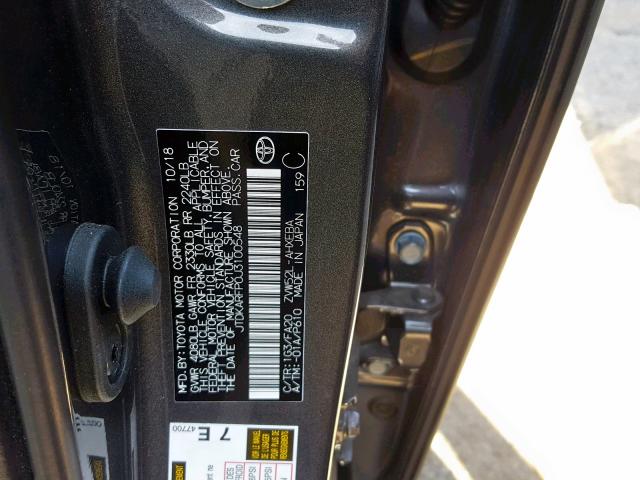 JTDKARFP0J3100548 - 2018 TOYOTA PRIUS PRIM 灰色 照片 10