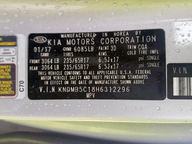 KNDMB5C18H6312296 - 2017 KIA SEDONA LX SILVER photo 10