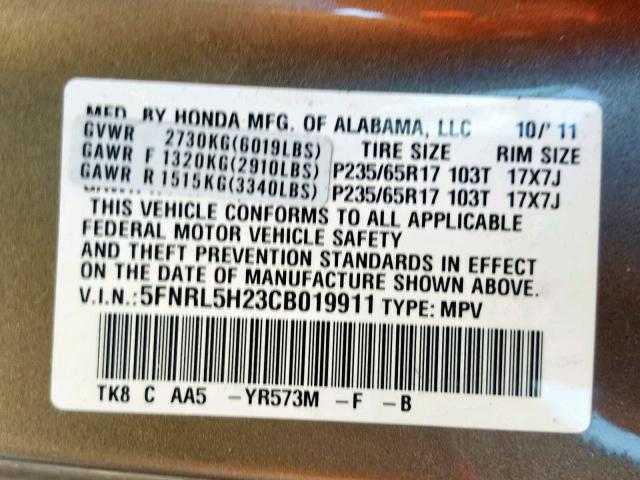 5FNRL5H23CB019911 - 2012 HONDA ODYSSEY LX BROWN photo 10