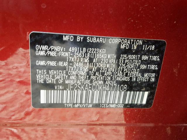 JF2SKAEC0KH477108 - 2019 SUBARU FORESTER P RED photo 10