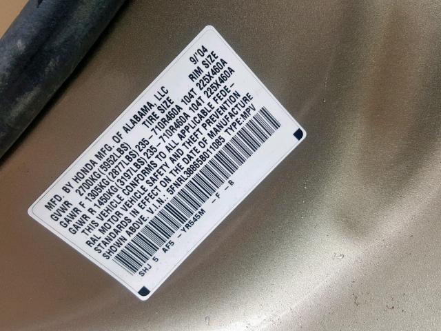 5FNRL38865B011085 - 2005 HONDA ODYSSEY TO TAN photo 10