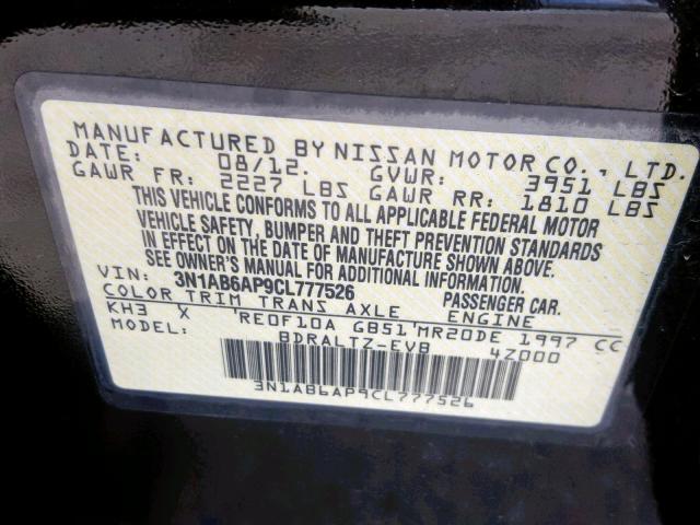 3N1AB6AP9CL777526 - 2012 NISSAN SENTRA 2.0 BLACK photo 10