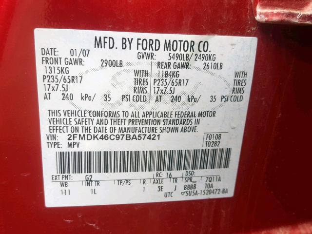 2FMDK46C97BA57421 - 2007 FORD EDGE SE RED photo 10