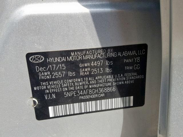 5NPE34AF8GH368866 - 2016 HYUNDAI SONATA SPO SILVER photo 10