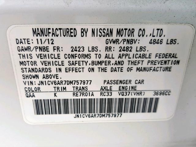 JN1CV6AR7DM757977 - 2013 INFINITI G37 WHITE photo 10