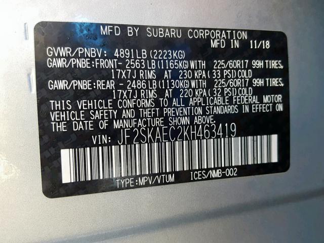 JF2SKAEC2KH463419 - 2019 SUBARU FORESTER P SILVER photo 10