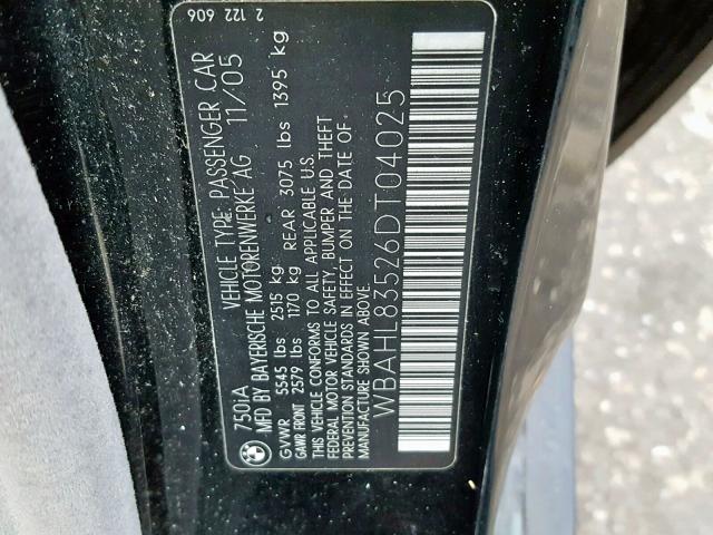 WBAHL83526DT04025 - 2006 BMW 750 I BLACK photo 10