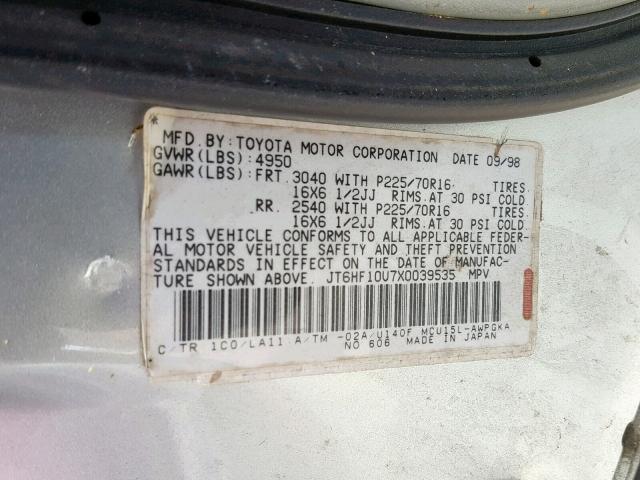 JT6HF10U7X0039535 - 1999 LEXUS RX 300 SILVER photo 10