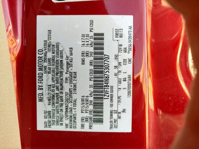 1ZVFT84N875307707 - 2007 FORD MUSTANG RED photo 10