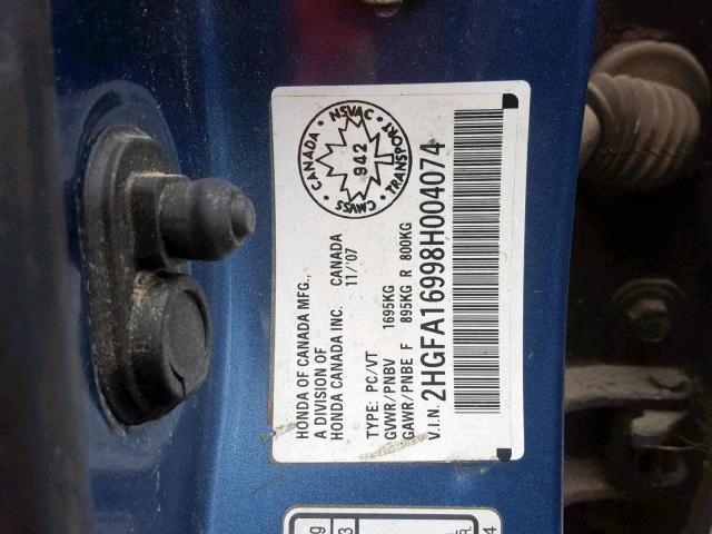 2HGFA16998H004074 - 2008 HONDA CIVIC EXL 蓝色 照片 10