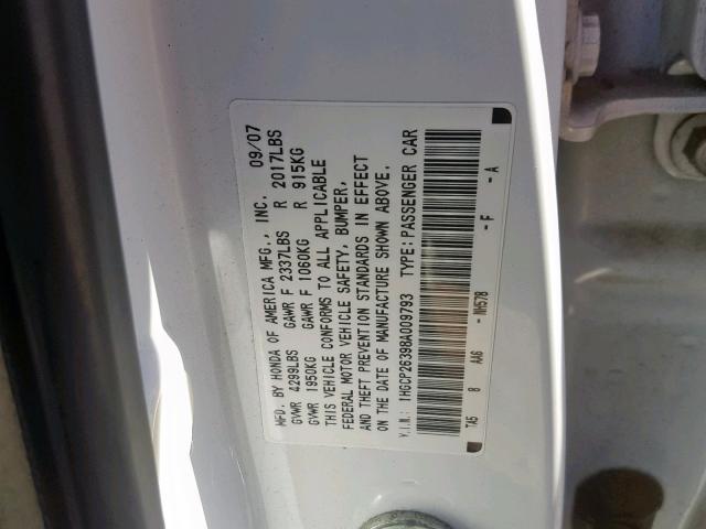 1HGCP26398A009793 - 2008 HONDA ACCORD WHITE photo 10