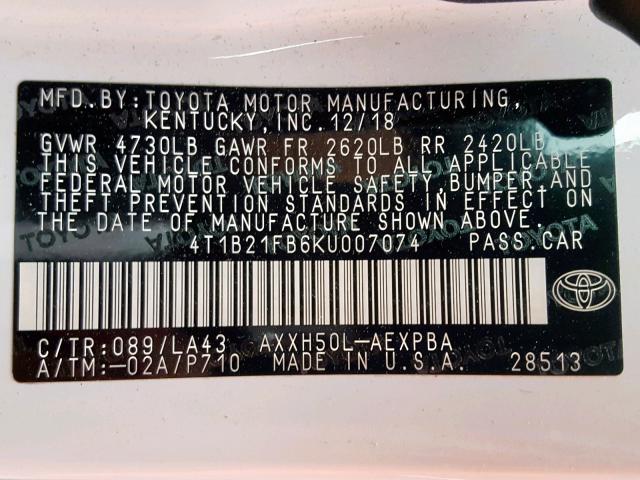 4T1B21FB6KU007074 - 2019 TOYOTA AVALON XLE WHITE photo 10