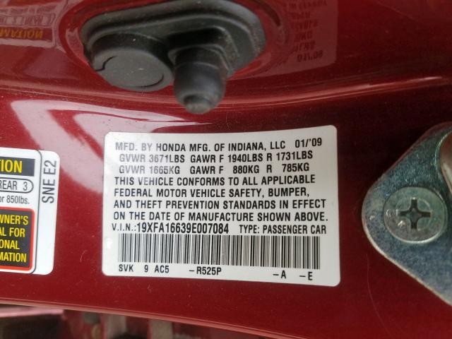 19XFA16639E007084 - 2009 HONDA CIVIC LX-S  صورة 10