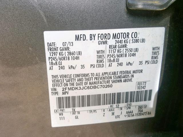 2FMDK3JC6DBC70260 - 2013 FORD EDGE SEL BROWN photo 10