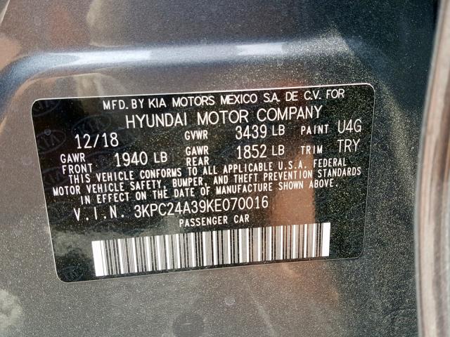 3KPC24A39KE070016 - 2019 HYUNDAI ACCENT SE GRAY photo 10