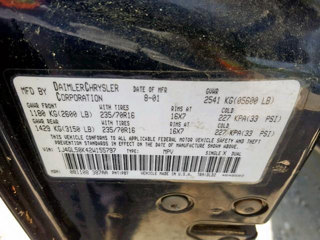 1J4GL58K42W155797 - 2002 JEEP LIBERTY LI BLUE photo 10