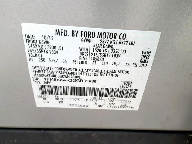 1FM5K8AR3GGB35935 - 2016 FORD EXPLORER P SILVER photo 10